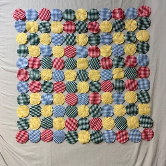 Vintage Style Handmade Small YoYo Quilt Gingham Fabric Yellow Green Blue Red - Picture 1 of 8